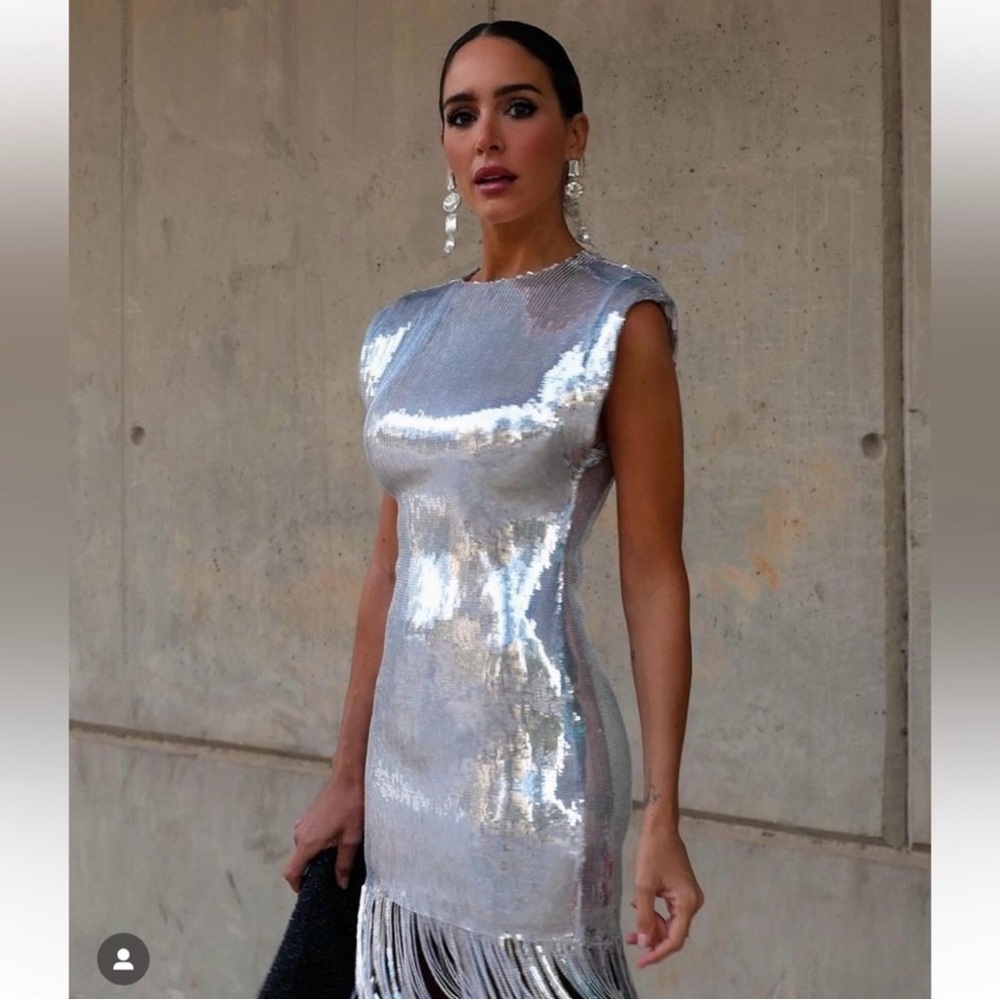 New Zara $79 Sequinned Silver Mini Dress with Fringing 9249/407 Small